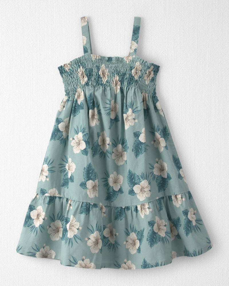 Girls  Smocked Linen Dress Made with Organic Cotton in Blue Hibiscus, image 1 of 6 slides