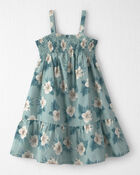Girls  Smocked Linen Dress Made with Organic Cotton in Blue Hibiscus, image 1 of 6 slides