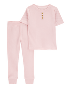 Toddler Solid Ribbed Cotton Blend 2-Piece Pyjamas - Pink, image 1 of 3 slides