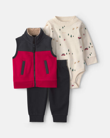Baby Boy 3-Piece Christmas Fleece Layering Set - Red/Black/Cream, 