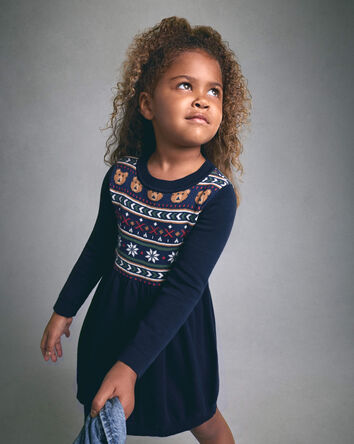 Toddler Girl Bear Fair Isle Long-Sleeve Dress - Navy Blue, 