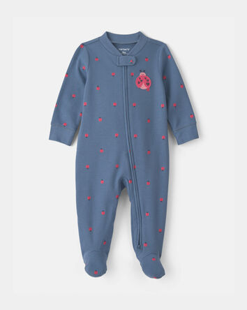 Baby Girl Ladybug 100% Cotton 2-Way Zip Sleeper - Blue, 