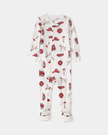 Toddler Boy Firetruck 100% Cotton Snug Fit 1-Piece Pyjama Set - White, 