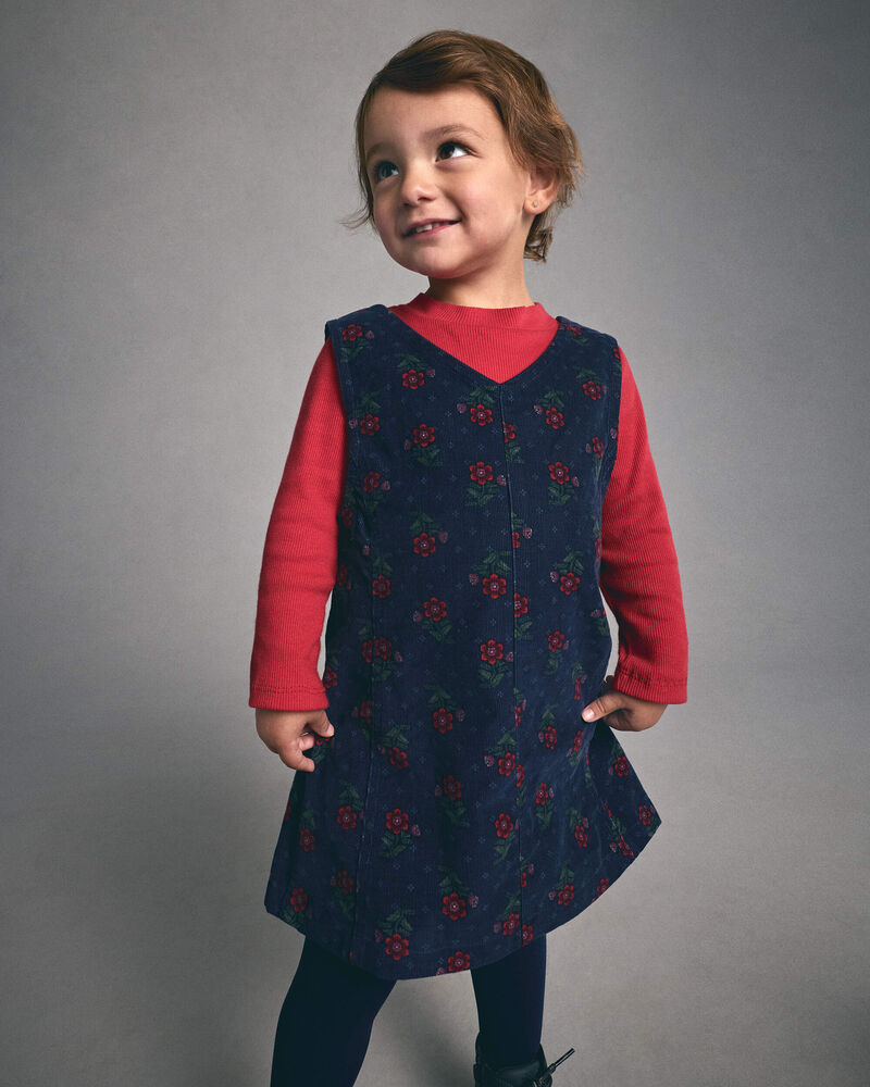 Toddler Girl 2-Piece Floral Corduroy Long-Sleeve Dress Set - Navy Blue/Red, image 2 of 9 slides