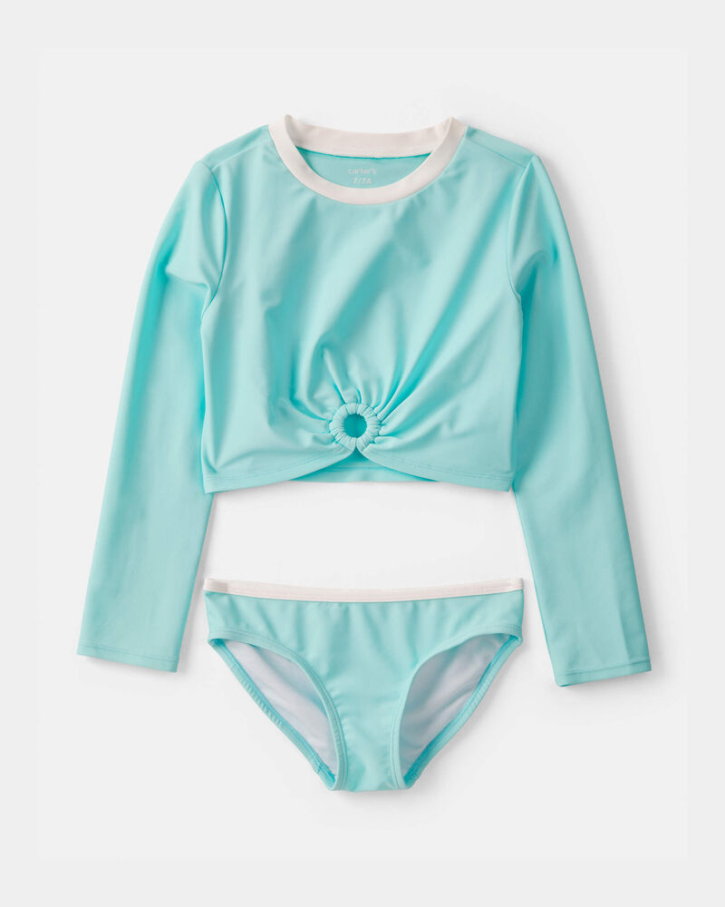 Filles - Ensemble 2 pi&egrave;ces maillot dermoprotecteur uni &agrave; manches longues - Bleu, image 1 sur 3 diapositives