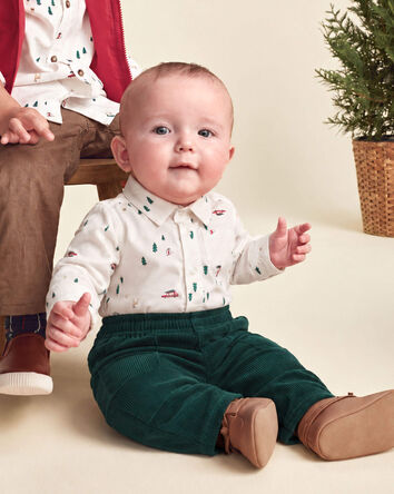 B&eacute;b&eacute; gar&ccedil;on - Ensemble 2 pi&egrave;ces cache-couche manches longues en serg&eacute; et pantalon &agrave; th&egrave;me No&euml;l &ndash; Cr&egrave;me/Vert, 