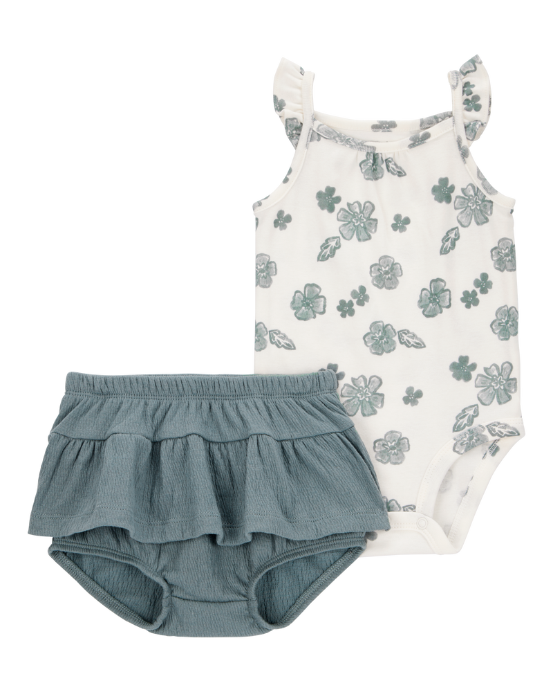 Baby 2-Piece Flutter-Sleeve Floral Bodysuit & Short Set, image 1 of 3 slides