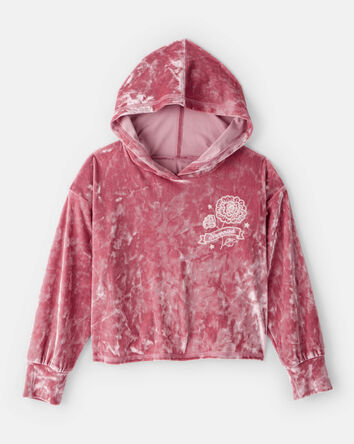 Girls Flower Embroidered Hooded Velour Top - Pink, 