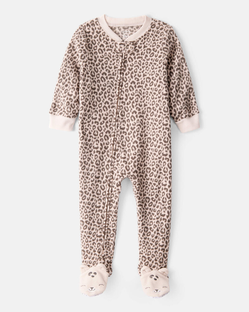 Toddler Girl Leopard Fleece Long-Sleeve Loose Fit 1-Piece Pyjamas - Brown, image 1 of 4 slides