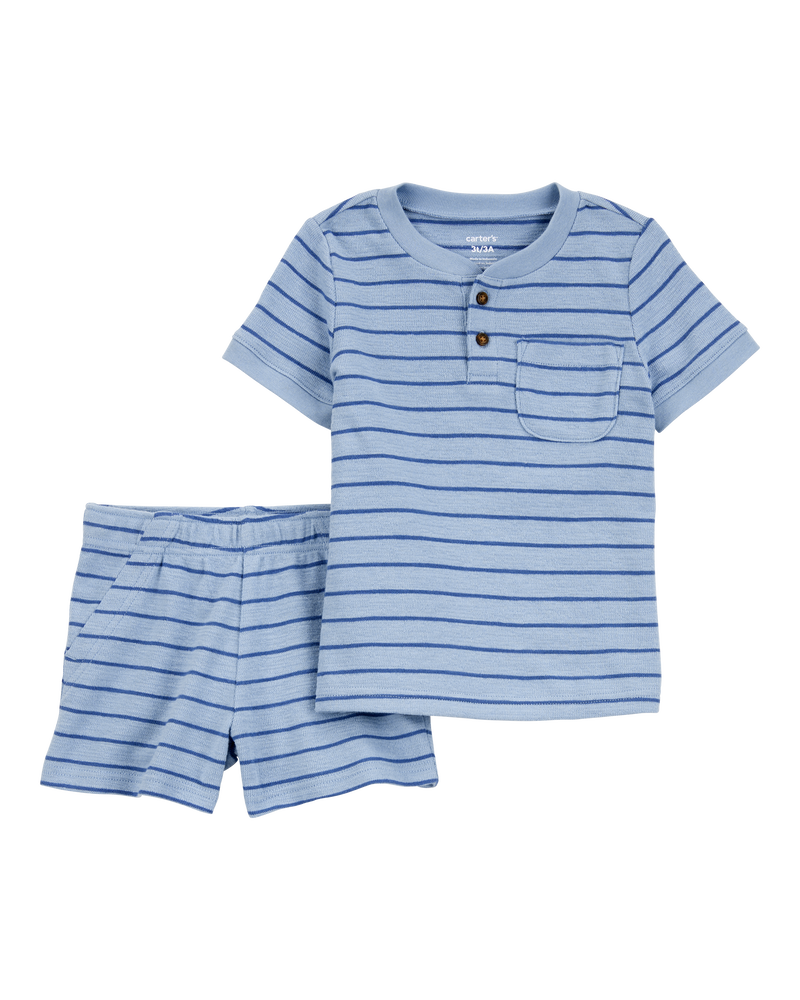 Baby 2-Piece Striped Henley Outfit Set - Blue, image 1 of 3 slides