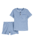 Baby 2-Piece Striped Henley Outfit Set - Blue, image 1 of 3 slides