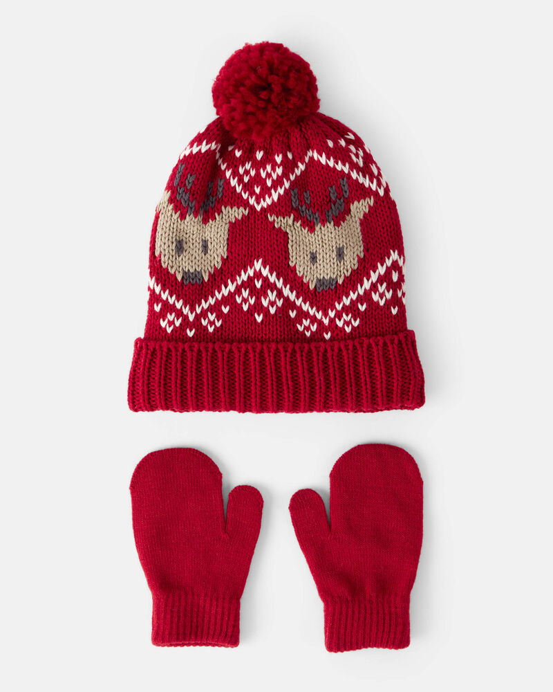 Toddler Boy Reindeer Print Winter Hat & Mittens Set, image 1 of 3 slides