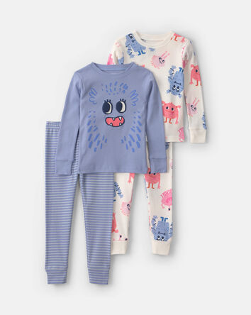 Baby Girl 4-Piece Monster 100% Cotton Snug Fit Pyjama Set - Blue/Cream, 