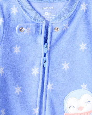 Baby Girl Penguin Fleece Long-Sleeve Loose Fit 1-Piece Pyjamas - Blue, 