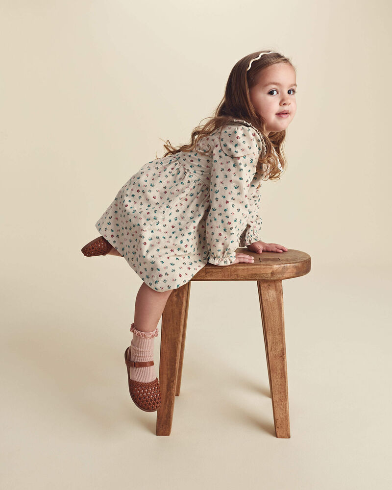 Toute-petit fille - Robe &agrave; manches longues et grand col en velours c&ocirc;tel&eacute; &agrave; motif floral - Cr&egrave;me, image 5 sur 7 diapositives