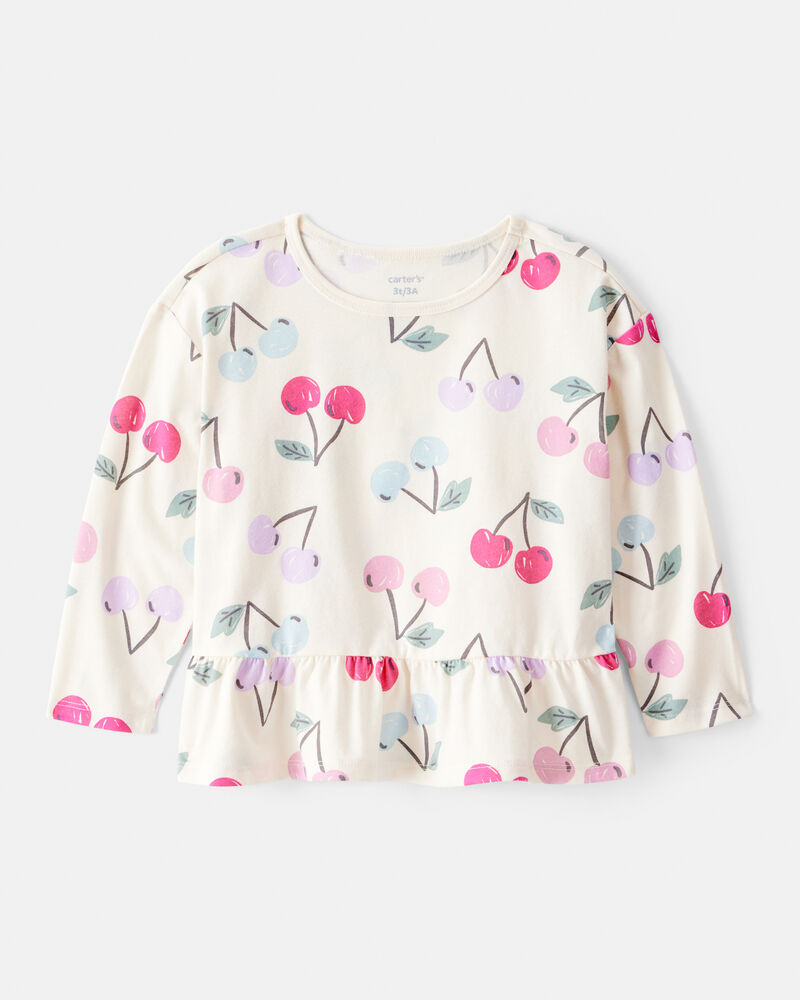 Toddler Girl Cherry Long-Sleeve Peplum Top - White, image 1 of 3 slides