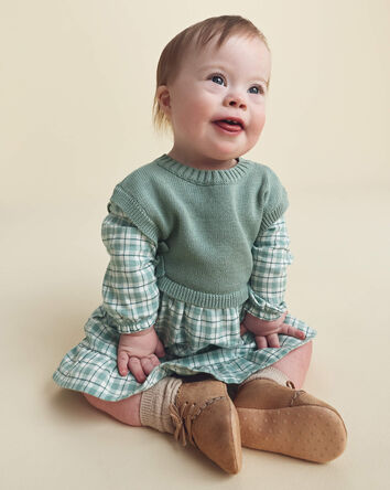 Baby Girl 2-Piece Checkered Flannel Long-Sleeve Dress - Green, 