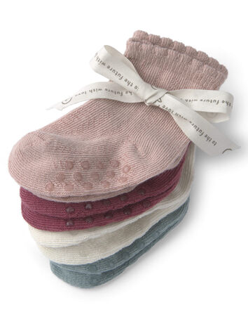 B&eacute;b&eacute; fille - Emballage 4 paires de socquettes antid&eacute;rapantes faites avec du coton biologique, 