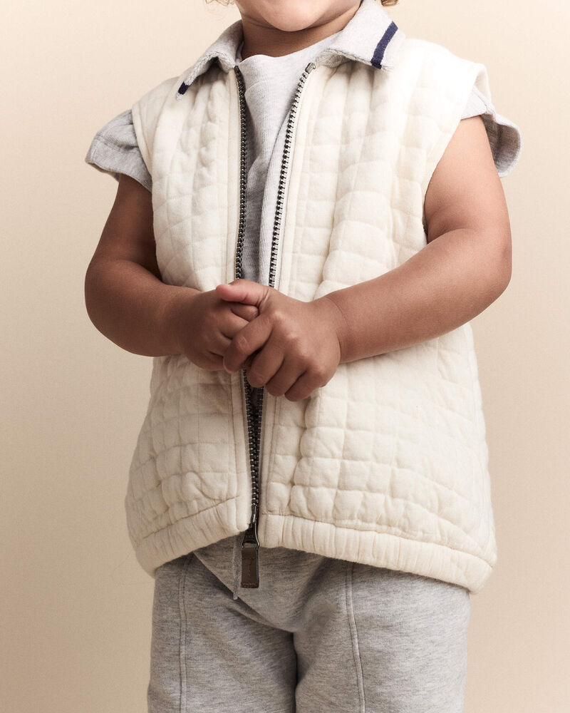 Toddler Quilted Zip-Up Collard Vest - Cream, image 5 of 7 slides