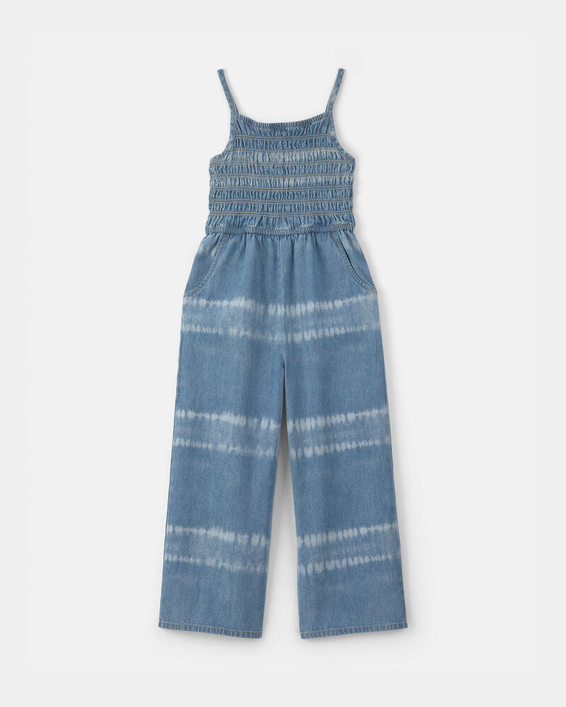 Girls Tie-Dye Smocked Denim Wide-Leg Jumpsuit - Medium Wash, image 1 of 3 slides