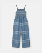 Girls Tie-Dye Smocked Denim Wide-Leg Jumpsuit - Medium Wash, image 1 of 3 slides
