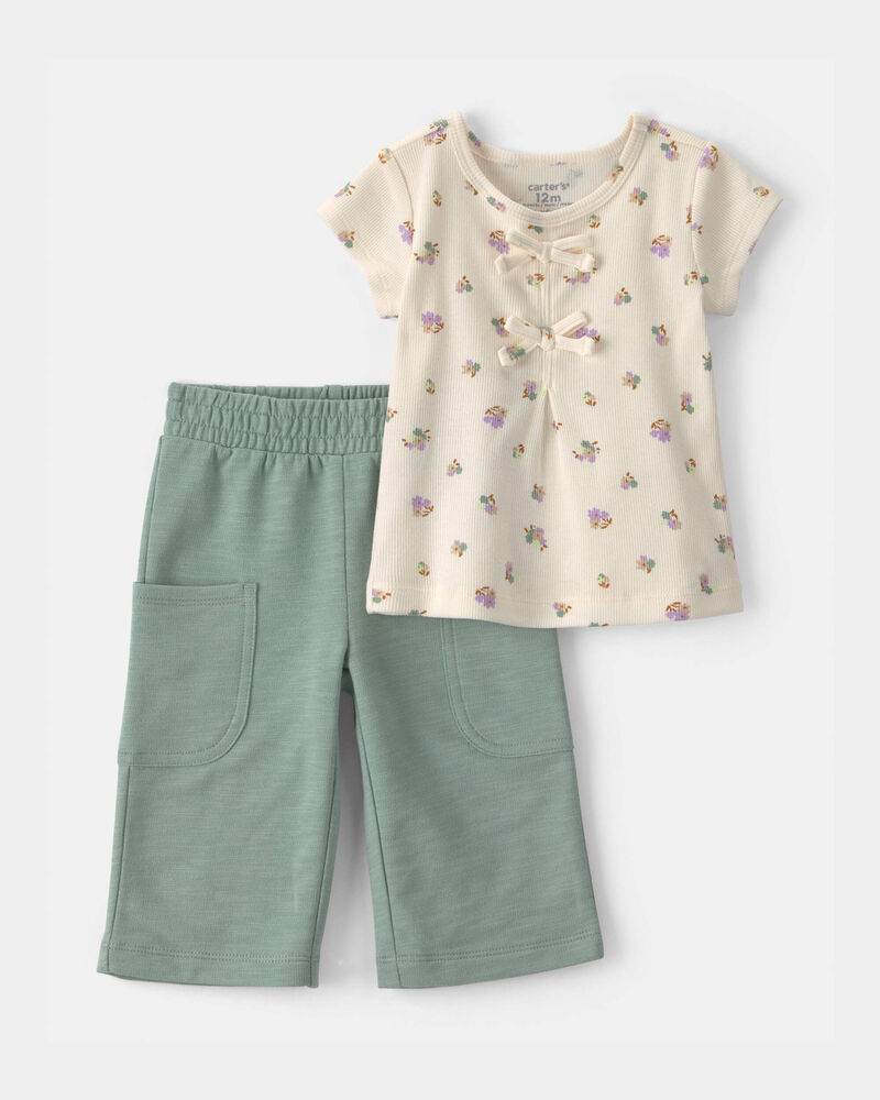 B&eacute;b&eacute; fille - Ensemble 2 pi&egrave;ces haut &agrave; motif floral et pantalon - Cr&egrave;me/Vert, image 1 sur 4 diapositives
