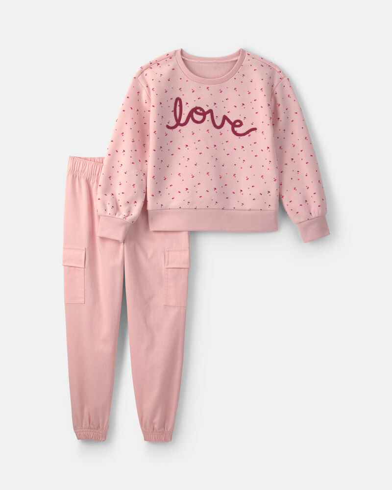 Girls 2-Piece 'Love' Fleece Long-Sleeve Top & Pant Set - Pink, image 1 of 6 slides