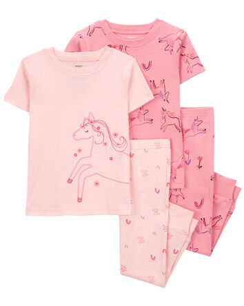 Pyjama 4 pièces en coton ajusté à imprimé de licorne, 