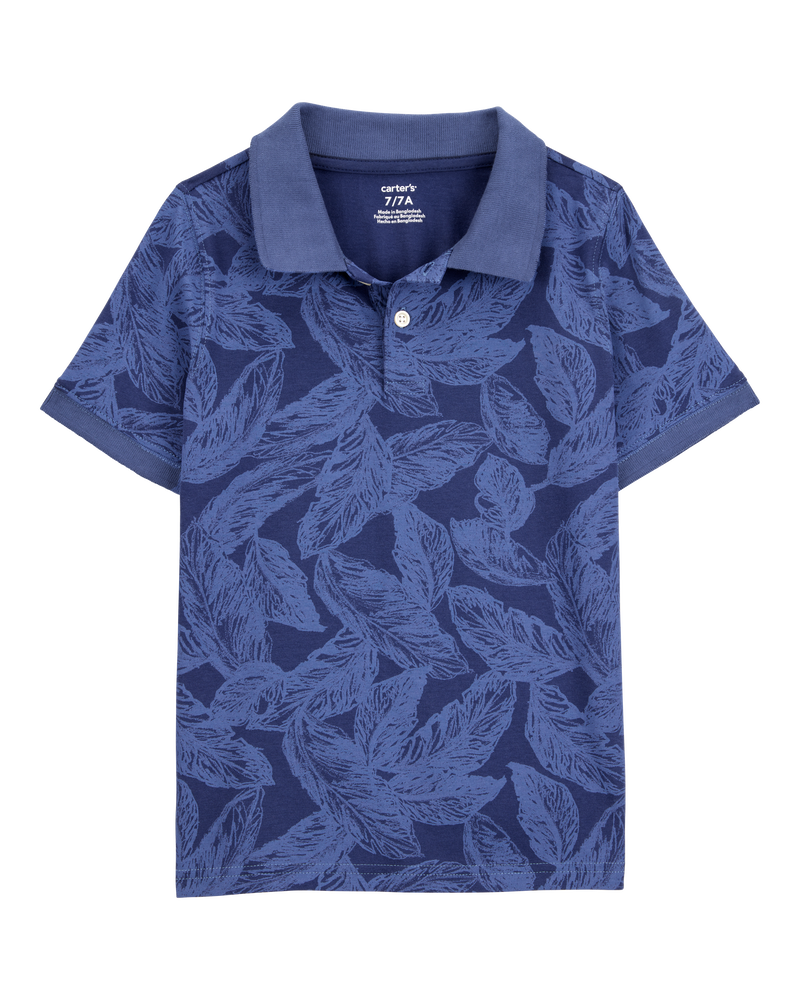 Kid Leaves Print Denim Short-Sleeve Polo - Navy, image 1 of 3 slides