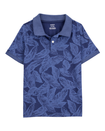 Kid Leaves Print Denim Short-Sleeve Polo - Navy, 