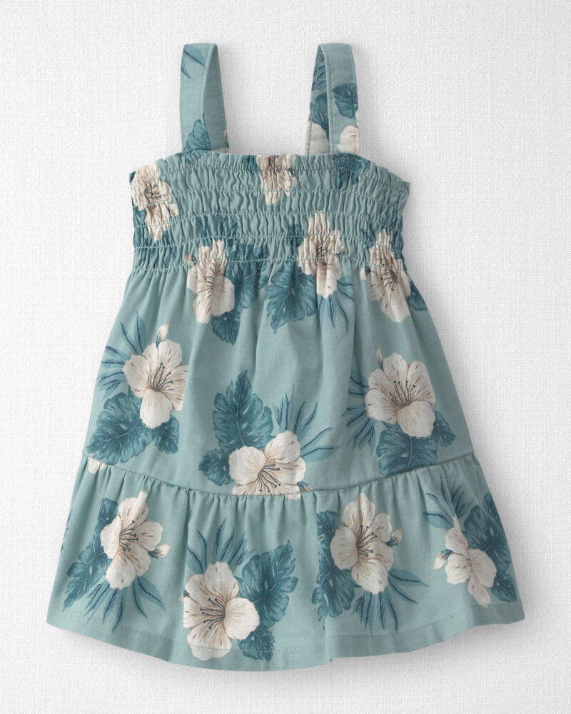 B&eacute;b&eacute; fille - Robe &agrave; smocks en lin avec coton biologique &agrave; motif hibiscus - Bleu, image 1 sur 5 diapositives