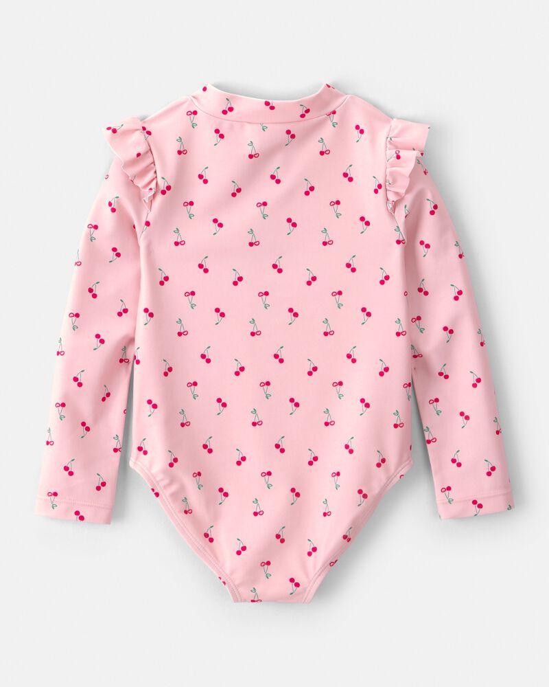 Toddler Girl Cherry Long-Sleeve 1-Piece Rashguard Swimsuit - Pink, image 2 of 5 slides
