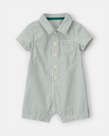Baby Boy Collared Stripe Short-Sleeve Romper - Green/White, 