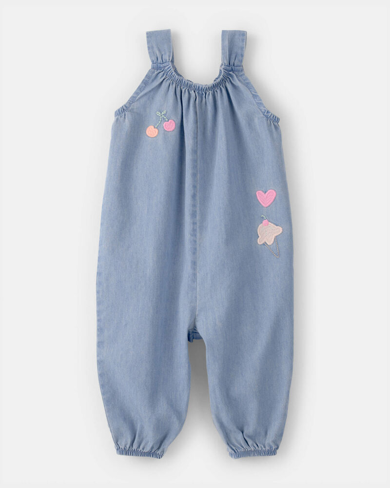 Baby Girl Embroidered Chambray Sleeveless Jumpsuit - Blue, image 1 of 5 slides