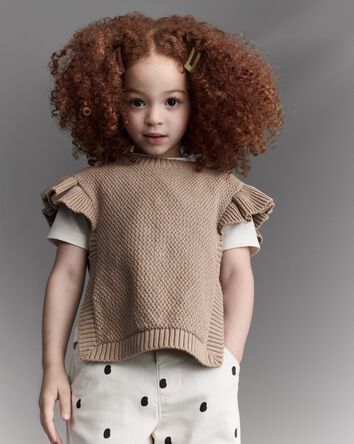 Toddler Girl Ruffle Sweater Vest - Tan, 