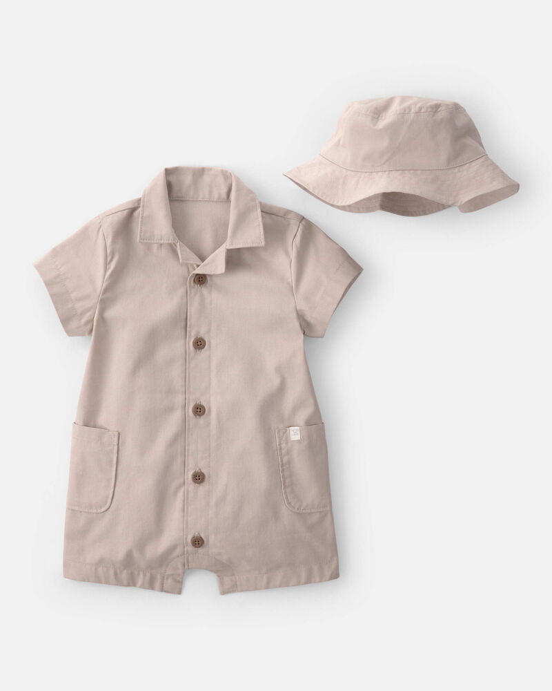 Baby Boy 2-Piece Solid Canvas Short-Sleeve Romper Set - Brown, image 1 of 3 slides