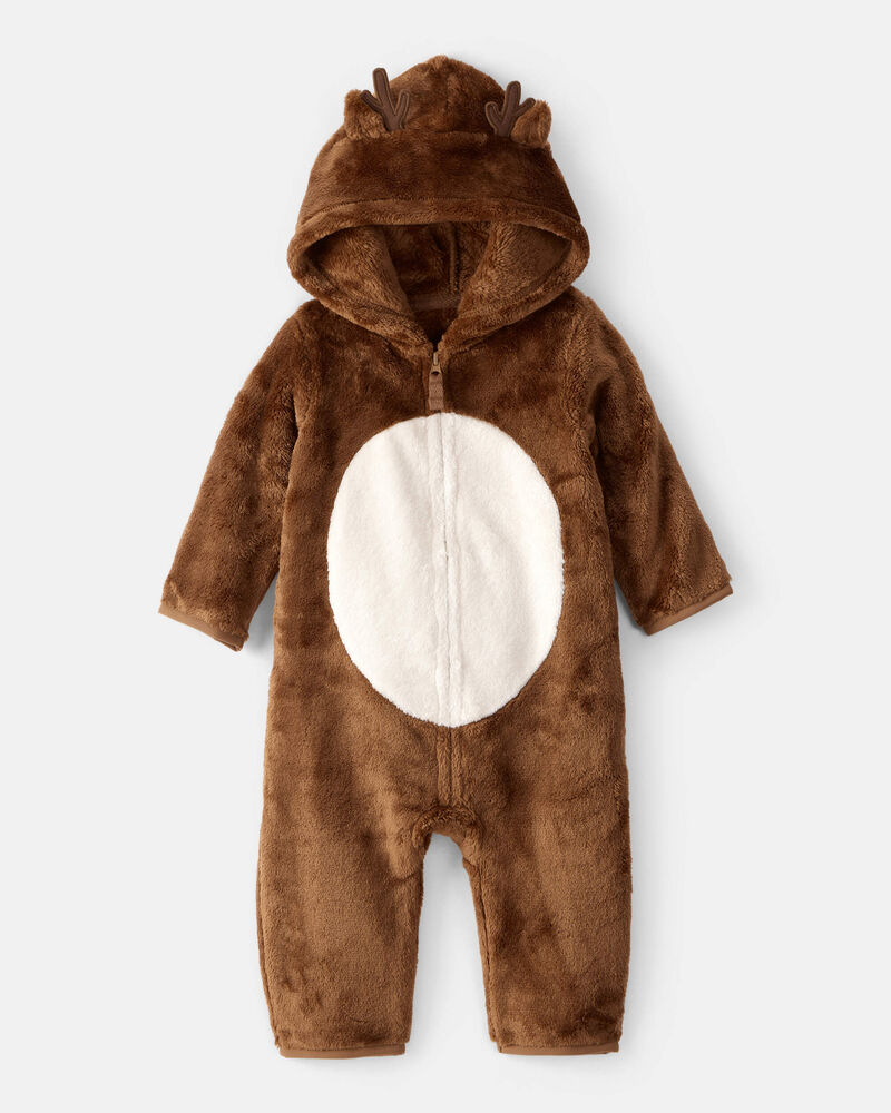 Baby Reindeer Hooded Jumpsuit - Brown, image 1 of 3 slides