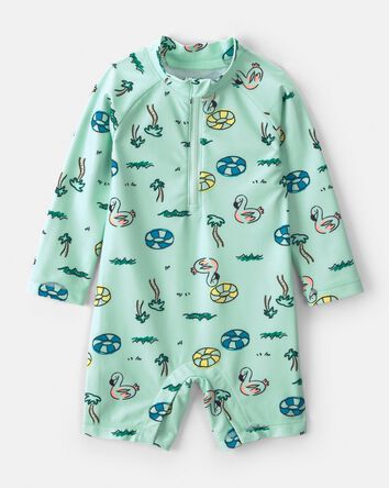 Baby Boy Vacation Long-Sleeve 1-Piece Rashguard Swimsuit - Green, 