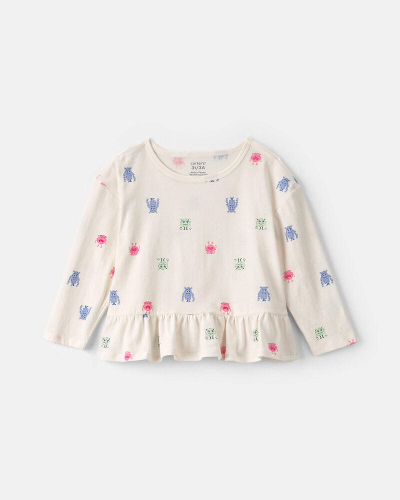 Toddler Girl Monster Long-Sleeve Peplum Top - Cream, image 1 of 3 slides
