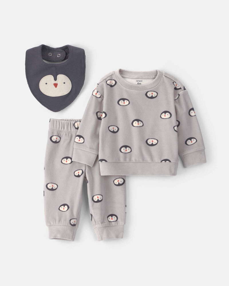 Baby Boy 3-Piece Penguin Long-Sleeve Top & Pant Set - Grey, image 1 of 5 slides