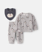 Baby Boy 3-Piece Penguin Long-Sleeve Top & Pant Set - Grey, image 1 of 5 slides