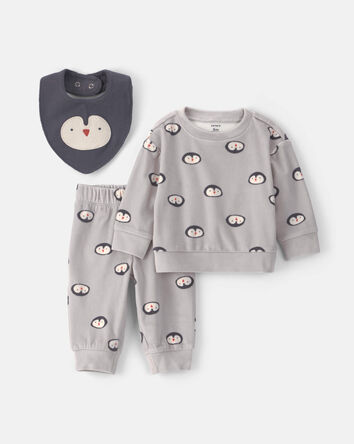 Baby Boy 3-Piece Penguin Long-Sleeve Top & Pant Set - Grey, 