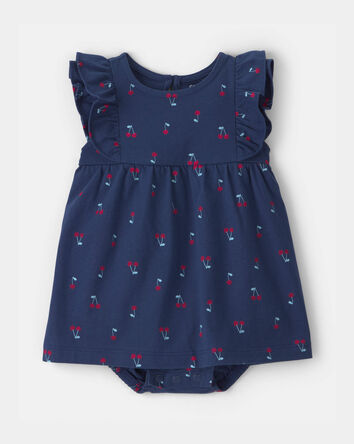 Baby Girl Cherry Sleeveless Bodysuit Dress - Navy Blue, 