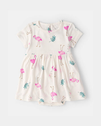 Baby Girl Flamingo PurelySoft Short-Sleeve Bodysuit Dress - Ivory, 