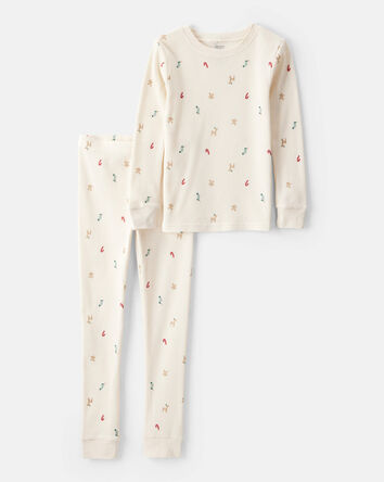 Jeune - Pyjamas en coton imprimé de Noël à manches longues, coupe ajustée, 2 pièces - Blanc, 