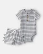 Baby Boy 2-Piece Dino Spikes Striped Thermal Short-Sleeve Bodysuit & Short Set - Grey, image 1 of 4 slides