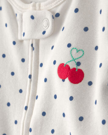 Baby Girl Cherry 2-Way Zip 100% Cotton Sleeper - White, 