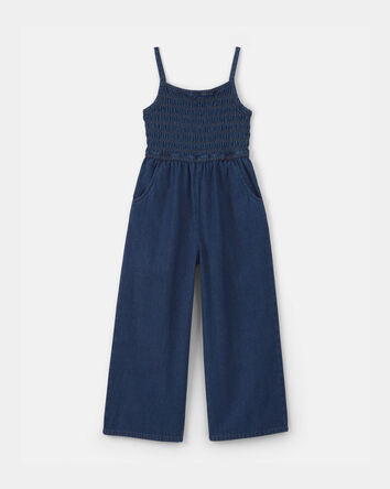 Filles - Combinaison &agrave; smocks &agrave; jambe large en denim - D&eacute;lav&eacute; fonc&eacute;, 