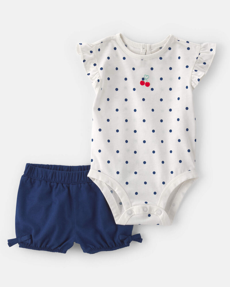 B&eacute;b&eacute; fille - Ensemble 2 pi&egrave;ces cache-couche &agrave; manches courtes et short, pois et cerises - Blanc/Bleu, image 1 sur 4 diapositives