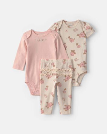 Baby Girl 3-Piece Flowers Bodysuit & Pant Set - Pink/Ivory, 